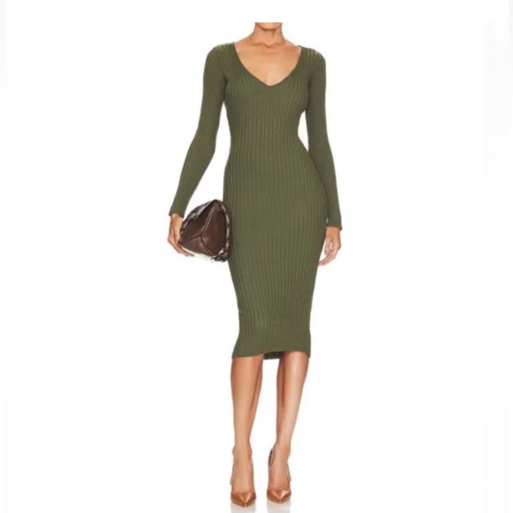 NBD Bekah Long Sleeve Ribbed Midi Sweater Dress Olive Green Size Small